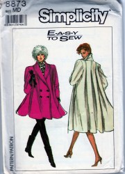 8873 Simplicity 1988 Easy Flare Double Breasted Collar Back Pleat Swing Coat Pattern Med 14-16 Uncut